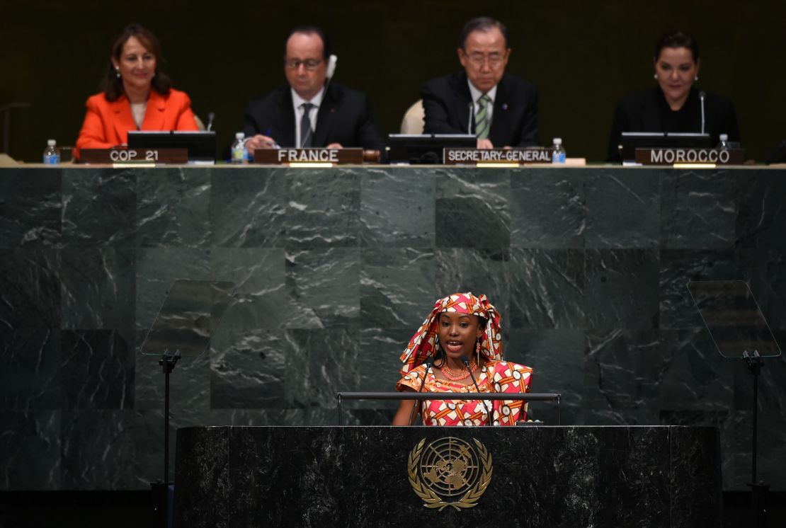Hindou Oumarou Ibrahim addresses the United Nations on Friday.