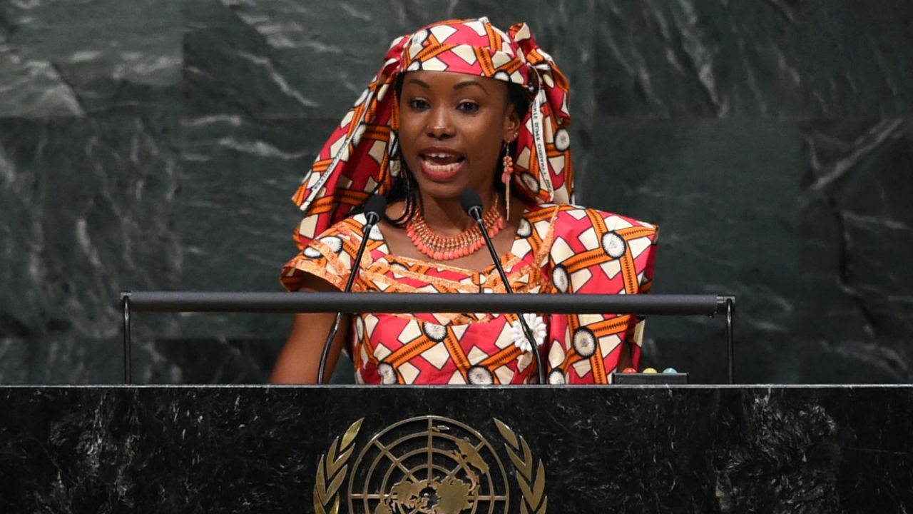 Hindou Oumarou Ibrahim addresses the United Nations on Friday.
