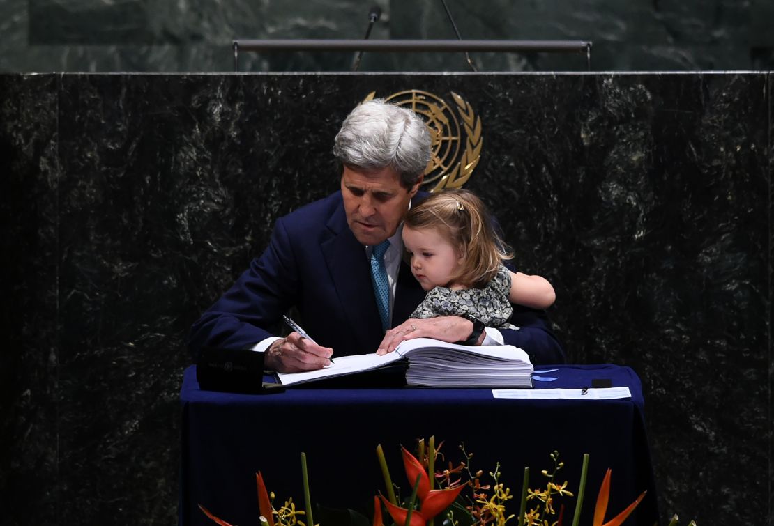 Then-Secretary of State John Kerry signs the Paris climate agreement on April 22, 2016. Kerry is now joining the Biden administration in a new, Cabinet-level position as climate envoy
