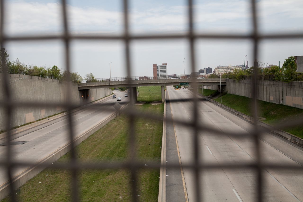 Baltimore's U.S. Highway 40, known locally as the "Highway to Nowhere," cuts through West Baltimore. The expressway was never integrated into the interstate system. Its construction displaced hundreds of black families and strained relations between the black community and city government.<br />