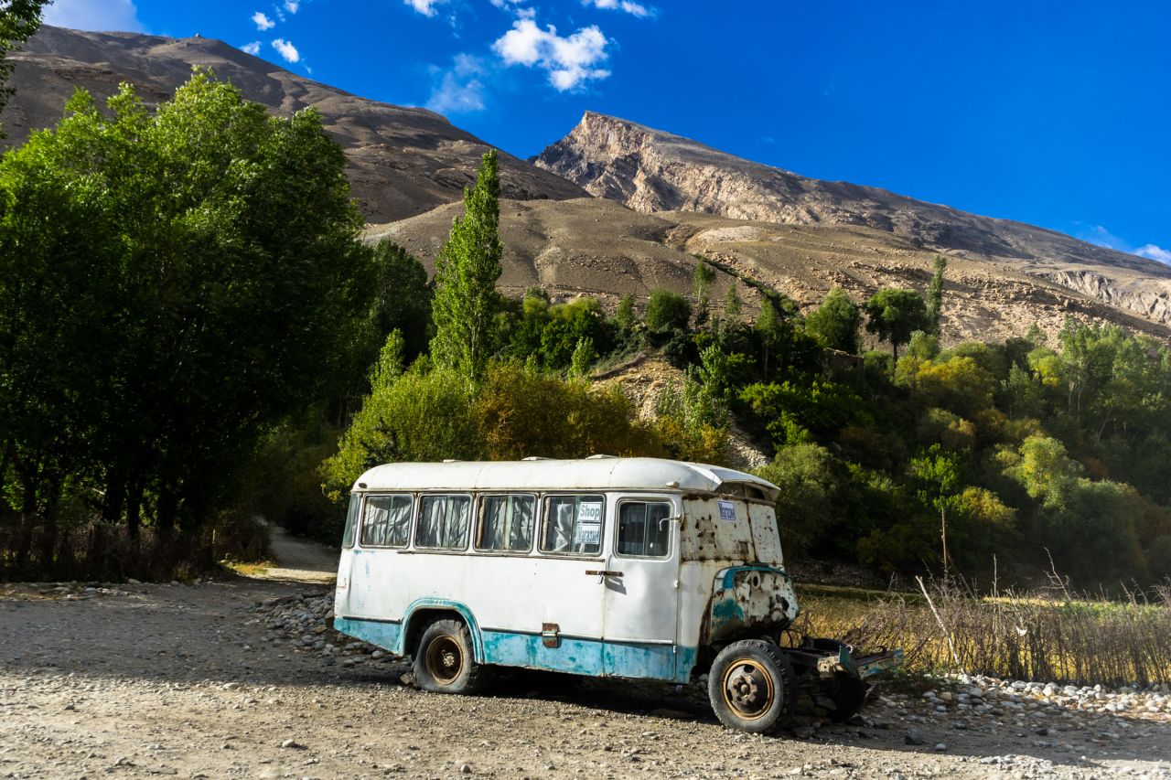 A broken down bus has been turned into a shop outside the Tajikistan village of Yamg. It's become a familiar way point on the Pamir Highway.