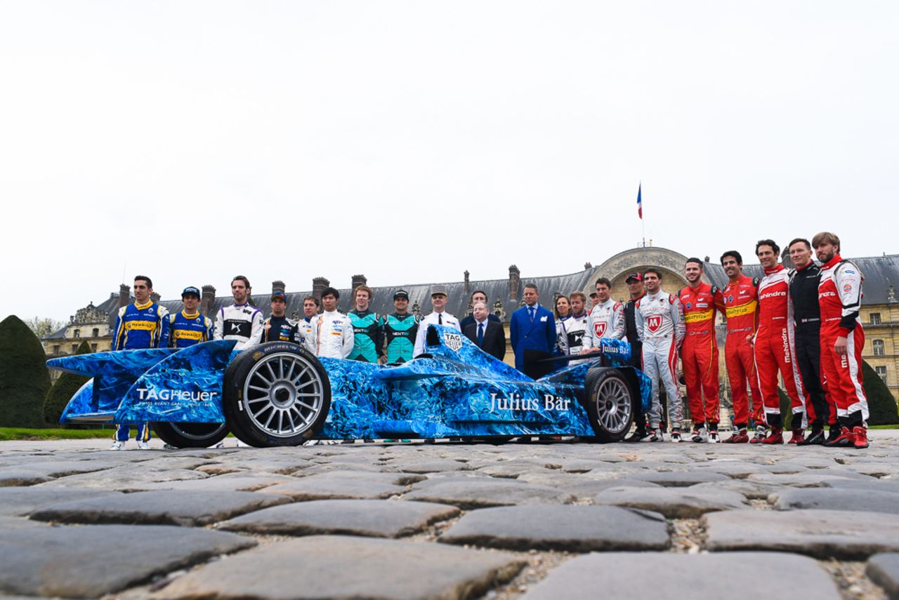 Formula E drivers pose for a photo outside the Hotel des Invalides on the eve of the race. 