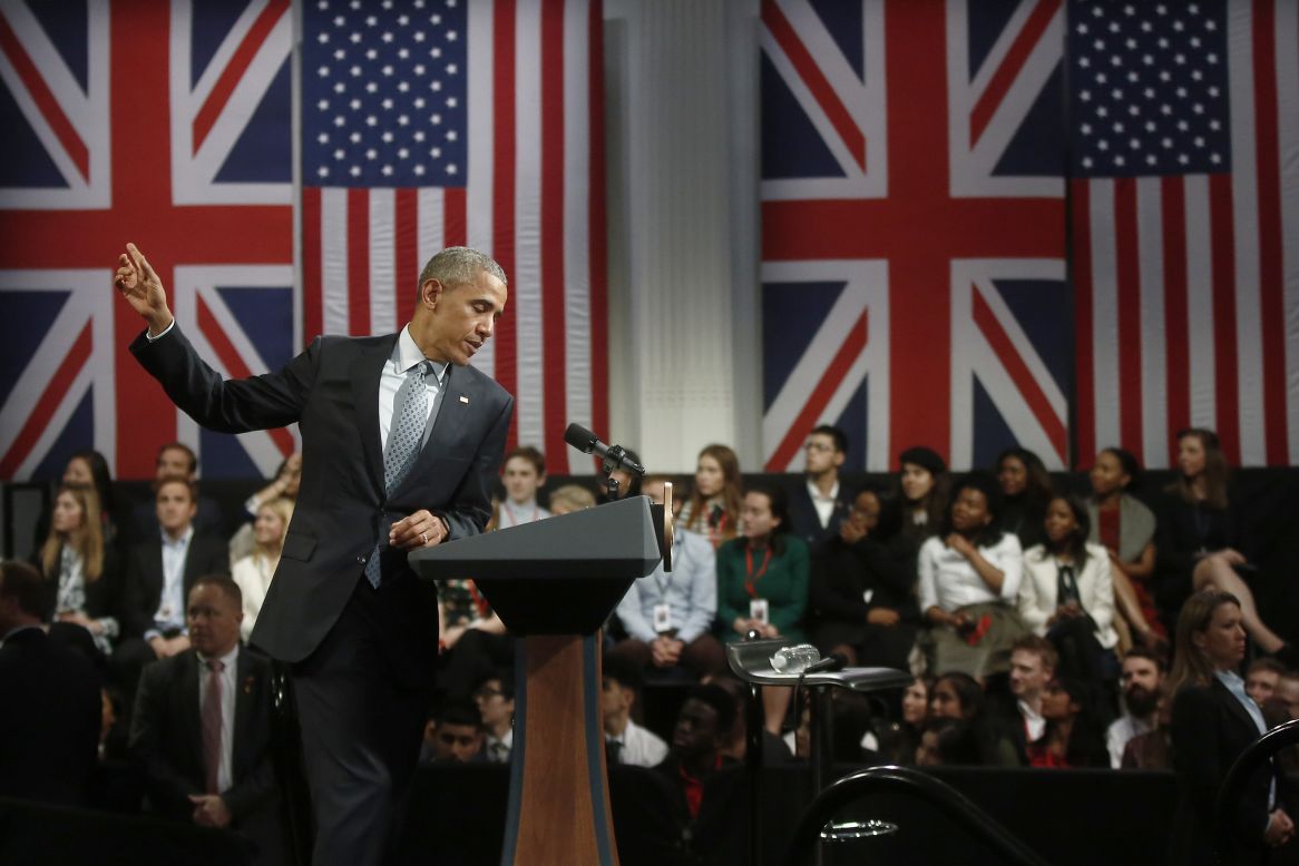 Obama speaks at a news conference in London on Saturday, April 23. 