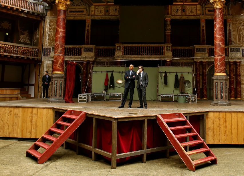 Obama takes a brief tour of the Globe Theatre in London with Patrick Spottiswoode, director of Globe Education, marking the 400th anniversary of the death of William Shakespeare on April 23.