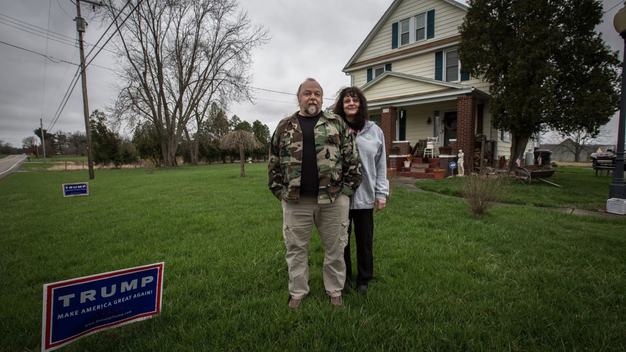 Last month, Trump lost the Ohio Republican primary to the state's governor, Kasich. But the GOP front-runner proved to be strong in the counties along the state's eastern border, including Columbiana County, where he beat Kasich by 9 points. That's where Gary, 58, and Chris Gray, 53, live, just south of Youngstown. They have Trump signs in their front yard (and an extra one in their dining room "in case one of their friends needs one") and a bumper sticker on their Ford pickup. Both Grays have voted for Democrats and Republicans in the past. This year, they are inspired by Trump's promise of change. "He does say some things that are off the wall a little bit, but he's talking to the average person," Gary Gray said. "He's talking to people who haven't finished school." If Trump goes into the Republican convention this summer with the most delegates but doesn't come out of it as the GOP nominee, the Grays believe there will be riots: "It's going to be the people against the government."