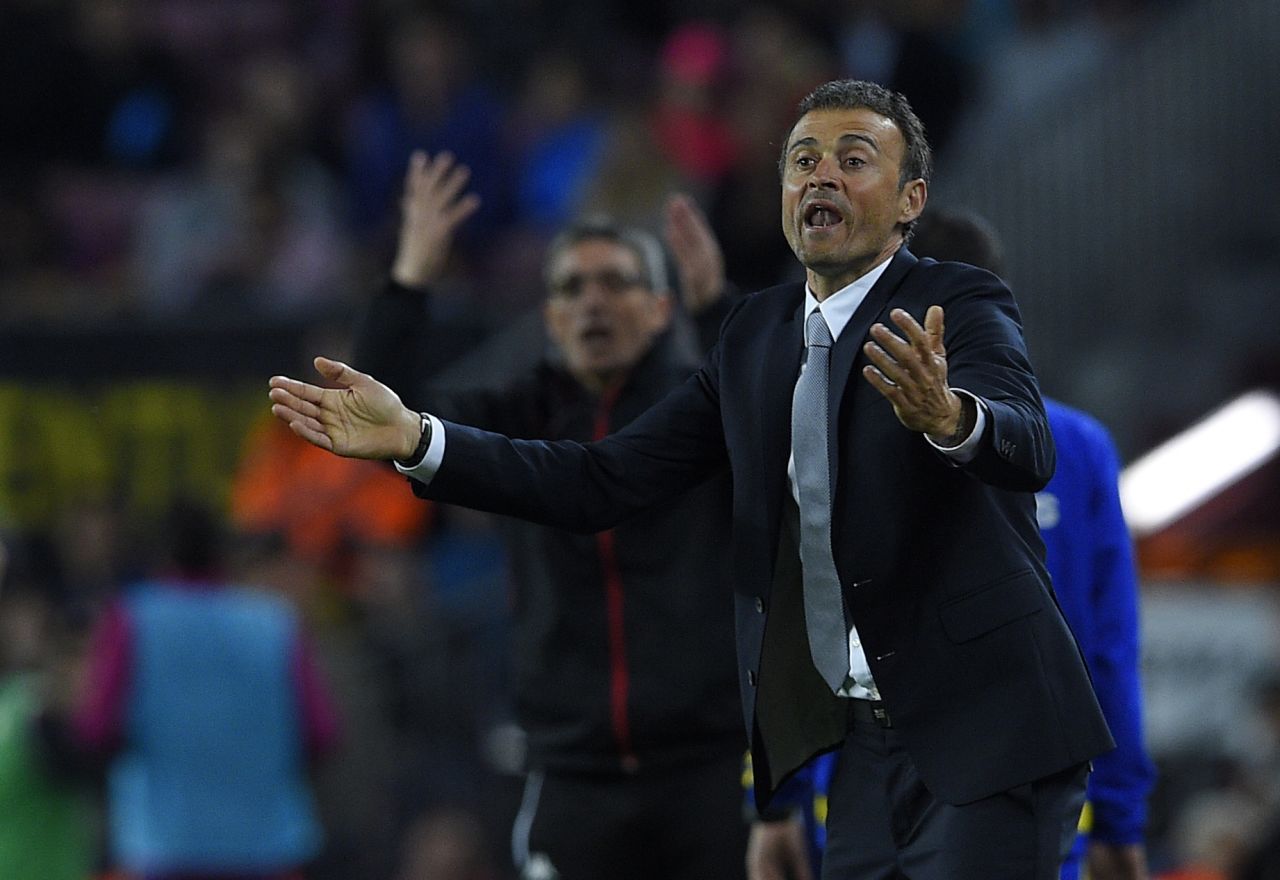 Barcelona coach Luis Enrique gestures on the sideline as his side take Sporting apart.