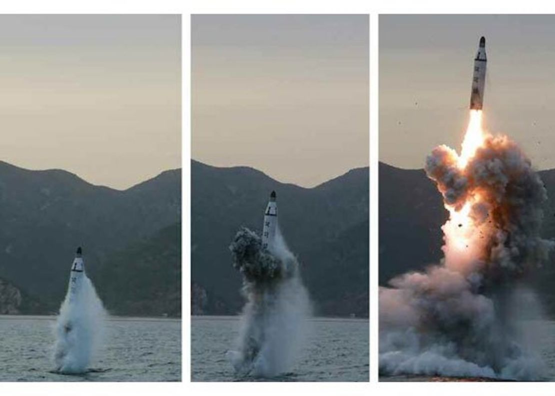 Pictures allegedly showing North Korea testing submarine-launched ballistic missile (SLBM) off the eastern coast of the Korean Peninsula earlier this year.