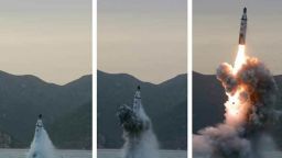 pictures allegedly showing North Korea testing submarine-launched ballistic missile (SLBM) off the eastern coast of the Korean peninsula on Saturday
