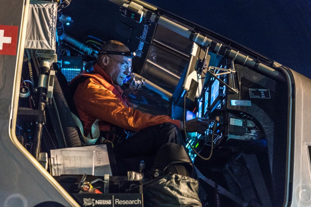 Pilot Bertrand Piccard prepares to take off from Kalaeloa Airport, Hawaii on April 21st 2016, en route to California. The round-the-world solar flight will take 500 flight hours and cover 35,000 km. 
