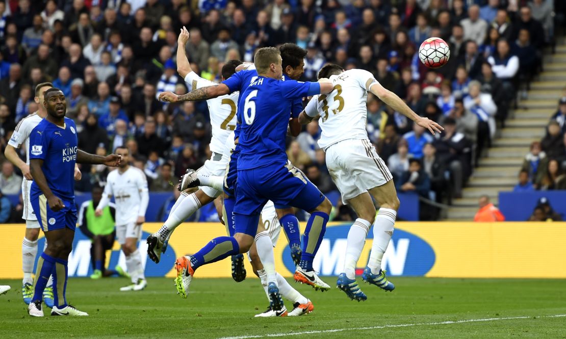 Leonardo Ulloa heads Leicester's second goal just before halftime in the 4-0 win over Swansea City.