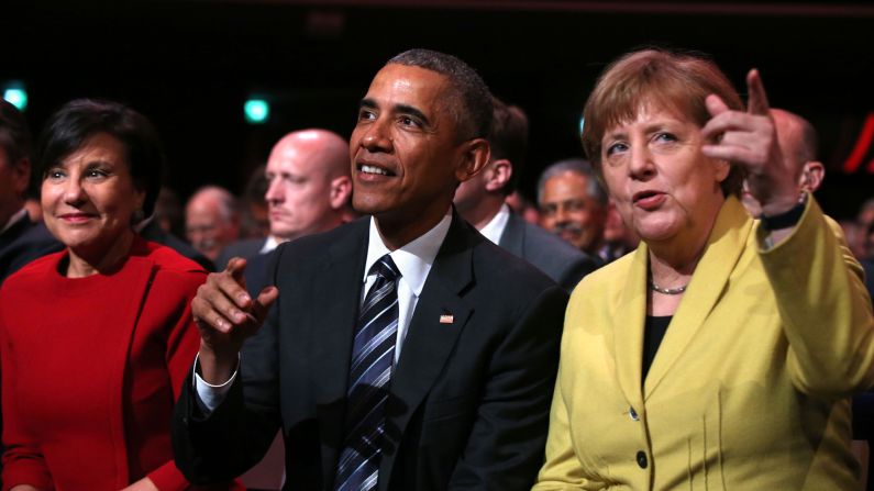 From left, U.S. Secretary of Commerce Penny Pritzker, Obama and Merkel attend the opening ceremony of the Hannover Messe on Sunday, April 24.