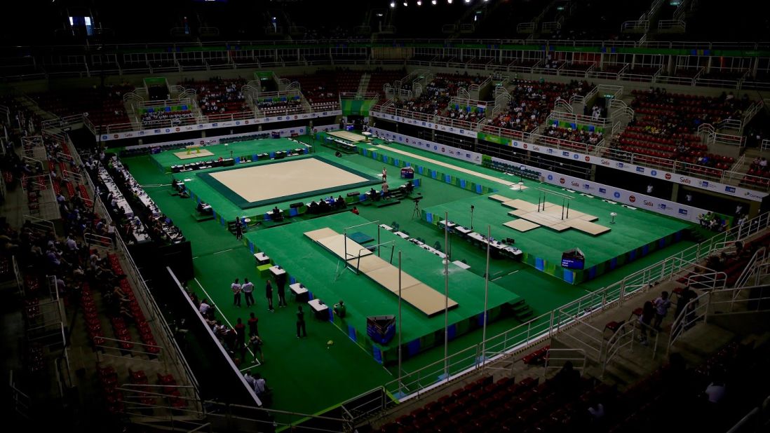 Where London 2012 adopted blue and hot pink as its colours, many Rio events will boast a greener tinge as seen at the artistic gymnastics venue.