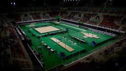 Going green - Where London 2012 adopted blue and hot pink as its colours, many Rio events will boast a greener tinge as seen at the artistic gymnastics venue.