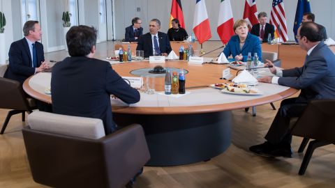 From left, British Prime Minister David Cameron, Italian Prime Minister Matteo Renzi, U.S. President Barack Obama, German Chancellor Angela Merkel and French President Francois Hollande sit together at Herrenhausen Palace in Hanover, Germany, on Monday, April 25. Germany was the third stop on Obama's recent trip, which also included the United Kingdom and Saudi Arabia.