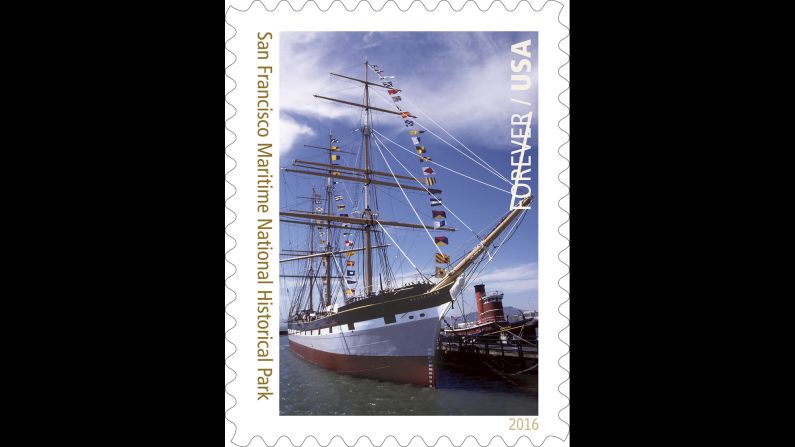 The square-rigger Balclutha is the star of the stamp featuring San Francisco Maritime National Historical Park near Fisherman's Wharf. The three-masted sailing ship is part of the park's historic ship collection. To the right is the 1907 steam tugboat Hercules.
