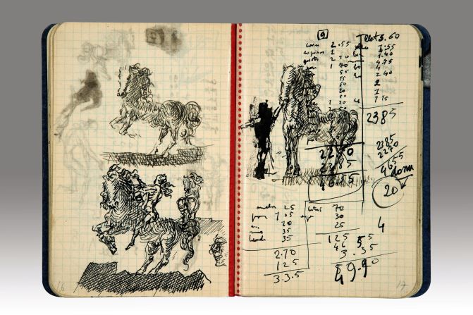 Dali's doodles feature a number of horses, rearing and anatomically correct. They mark a  divergence from the way the artist pictures them in many of his works: with elongated limbs in "<a href="http://www.dalipaintings.net/images/paintings/the-temptation-of-saint-anthony.jpg" target="_blank" target="_blank">The Temptation of Saint Anthony</a>" and "<a href="http://www.jdsmithfineart.com/wp-content/uploads/Dali_Etching_Quixote_CU01.jpg.w560h732.jpg" target="_blank" target="_blank">Don Quixote</a>", and muscular and melting in "<a href="http://www.wikiart.org/en/salvador-dali/paranoiac-woman-horse-invisible-sleeping-woman-lion-horse?utm_source=returned&utm_medium=referral&utm_campaign=referral" target="_blank" target="_blank">Paranoiac Woman-Horse</a>".