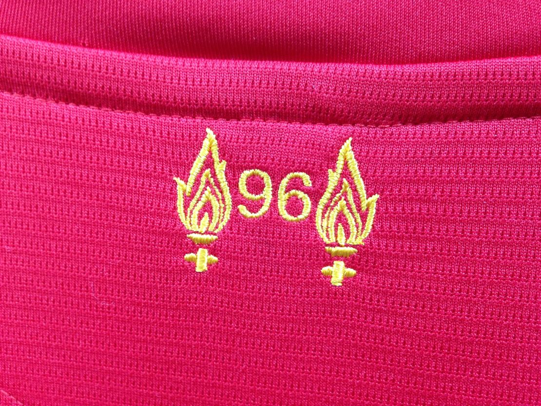 The 2015-16 Liverpool shirt commemorates the 96 lives lost with this stitching below the collar.