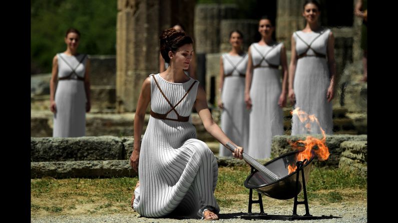 Actress Katerina Lechou <a href="index.php?page=&url=http%3A%2F%2Fwww.cnn.com%2F2016%2F04%2F21%2Fsport%2Frio-2016-olympic-torch-lit%2F" target="_blank">lights the Olympic flame</a> Thursday, April 21, at the Temple of Hera in Olympia, Greece. The flame is bound for Rio de Janeiro, which hosts the Summer Games in August.