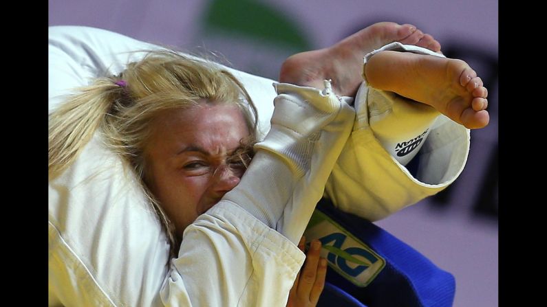 Belgian judoka Charline Van Snick competes at the European Judo Championships on Thursday, April 21. She defeated Hungary's Eva Csernoviczki in the final of her weight class.