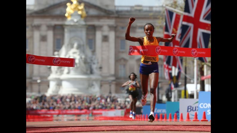 Kenyan runner Jemima Sumgong wins the <a href="index.php?page=&url=http%3A%2F%2Fwww.cnn.com%2F2016%2F04%2F24%2Feurope%2Fuk-london-marathon-astronaut%2F" target="_blank">London Marathon</a> on Sunday, April 24. She finished in two hours, 22 minutes and 58 seconds.