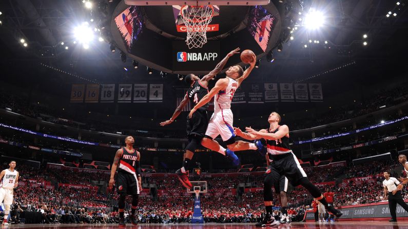 Blake Griffin goes for a dunk during an NBA playoff game in Los Angeles on Wednesday, April 20. Griffin and the Clippers defeated Portland to take a 2-0 series lead.