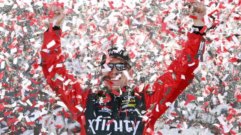 NASCAR driver Carl Edwards celebrates after winning the Sprint Cup race in Richmond, Virginia, on Sunday, April 24. It was the second win in a row for Edwards, who's also leading the season standings.