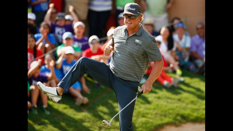 Charley Hoffman reacts after his 10-foot birdie putt won him the Valero Texas Open on Sunday, April 24. The victory in San Antonio was Hoffman's fourth on the PGA Tour.