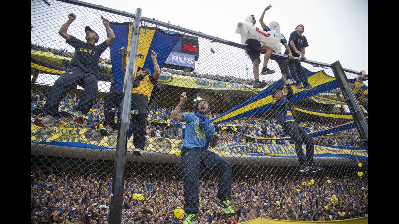 Supporters of the Argentine soccer club Boca Juniors cheer for their team before it played its archrival River Plate on Sunday, April 24. The match ended 0-0 in Buenos Aires.