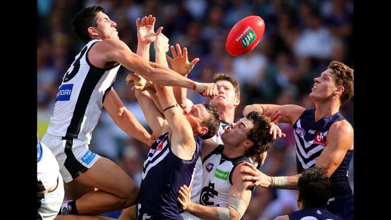 Jacob Weitering of the Carlton Blues spoils the mark for Jon Griffin of the Fremantle Dockers during an Australian Football League match in Perth on Sunday, April 24.