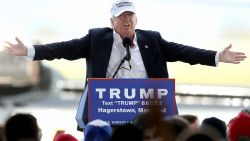 HAGERSTOWN, MD - APRIL 24:  Republican presidential candidate Donald Trump speaks while campaigning at the Hagerstown airport April 24, 2016 in Hagerstown, Maryland. Maryland holds their presidential primary on Tuesday, along with Delaware, Pennsylvania, Rhode Island and Connecticut.  (Photo by Win McNamee/Getty Images)