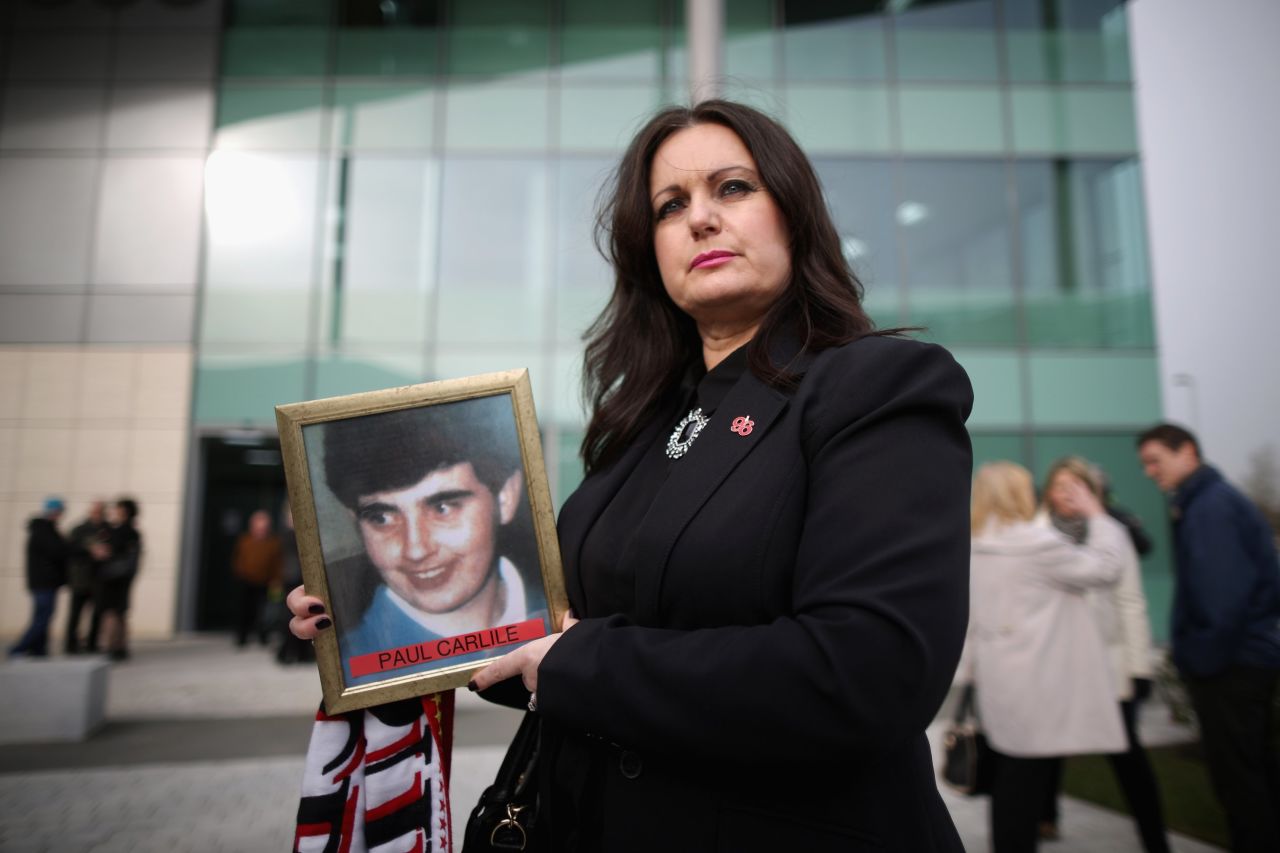 Donna Miller, the sister of victim Paul Carlile, arrives on the opening day of the new inquest into the Hillsborough deaths.