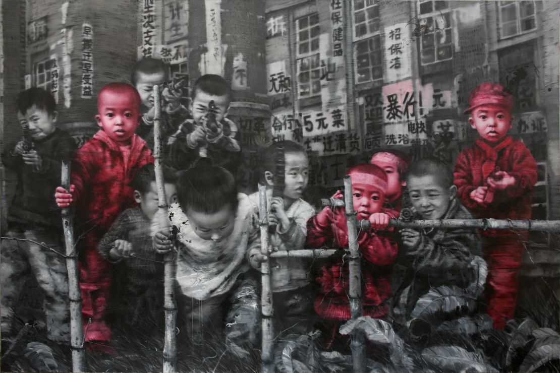 Li Tianbing's paintings show himself along with a number of imaginary brothers. 