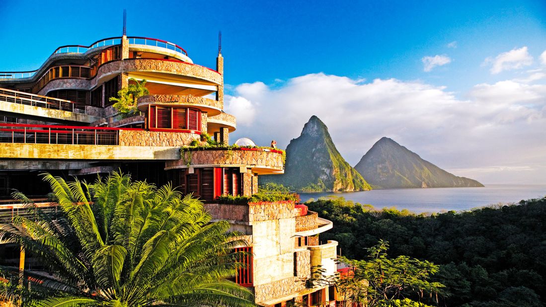 The extreme vertical architecture of Jade Mountain resort mirrors St. Lucia's famously steep Gros and Petit Piton mountains.
