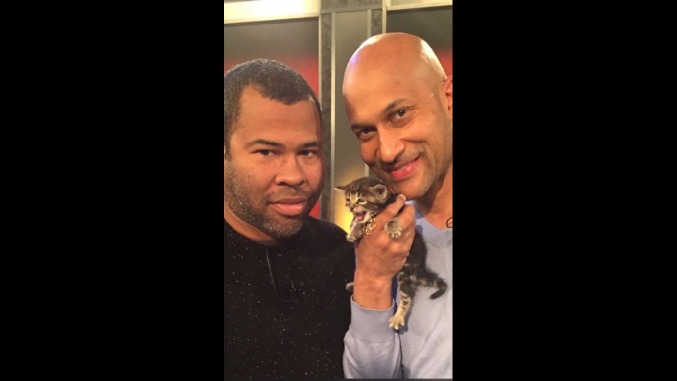 Actor Jordan Peele, left, <a href="https://twitter.com/JordanPeele/status/720257659929239552" target="_blank" target="_blank">tweeted a photo with his "Keanu" co-stars</a> Keegan-Michael Key and Keanu the cat on Wednesday, April 13. "Keanu, Key and I are bouncing around ATL right now," he said. "See the movie and adopt a cat pls."