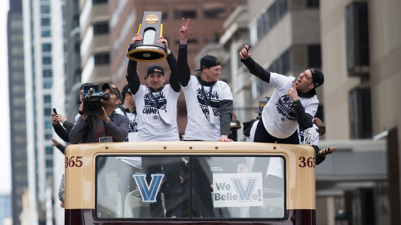 Villanova basketball players take part in a championship parade on Friday, April 8. Earlier in the week, the Wildcats <a href="http://www.cnn.com/2016/04/05/sport/gallery/ncaa-mens-basketball-championship/index.html" target="_blank">won the NCAA title</a> on a buzzer-beating 3-pointer.
