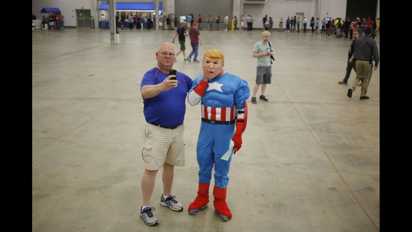 Speaking of Captain America, here's someone in the Avenger's costume -- along with a Donald Trump mask. Trump was in Indianapolis for a campaign event on Wednesday, April 20.