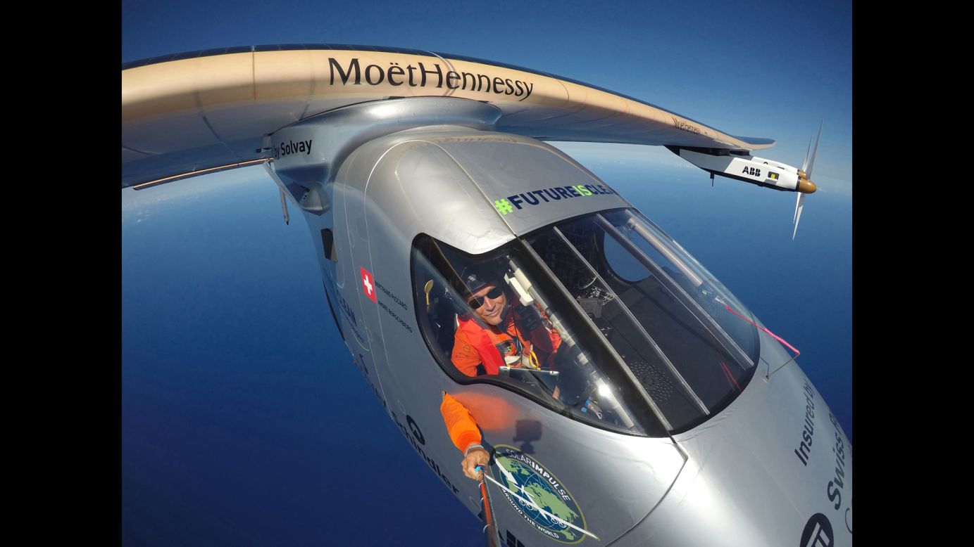 Bertrand Piccard takes a selfie aboard a solar-powered plane during a test flight over the Pacific Ocean on Saturday, April 9.