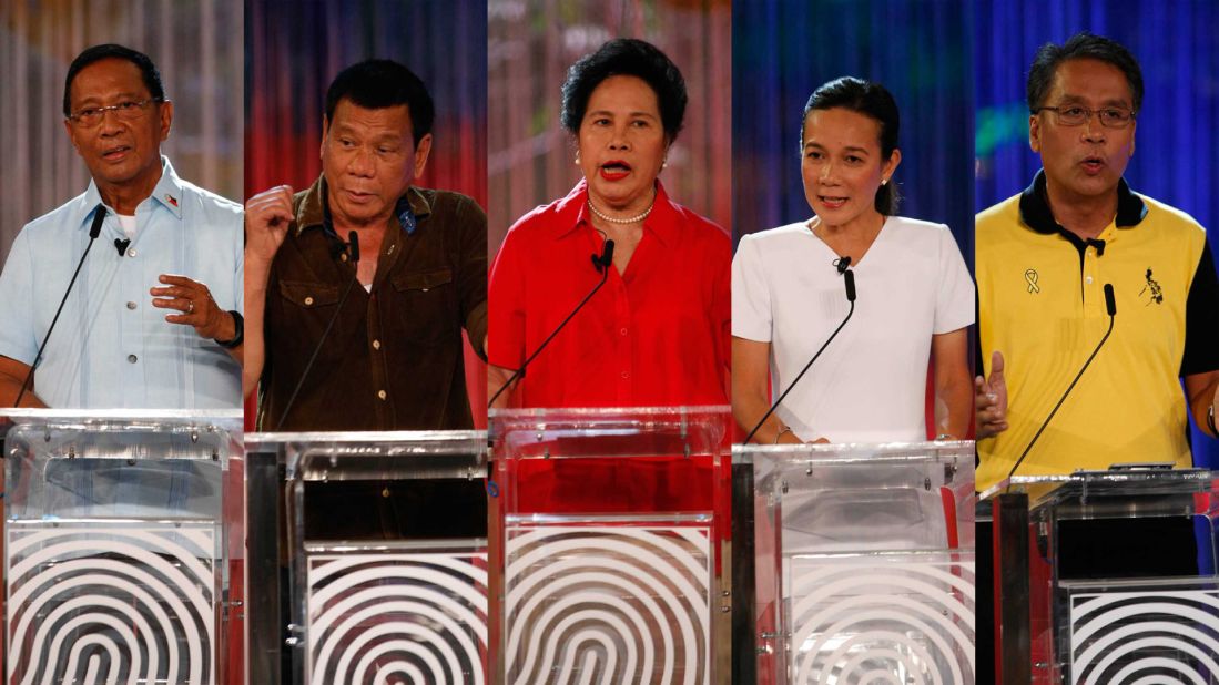 Five candidates are contesting the 2016 Philippines presidential elections. From left to right: Jejomar Binay, Rodrigo Duterte, Miriam Defensor Santiago, Grace Poe and Manuel 'Mar' Roxas. 