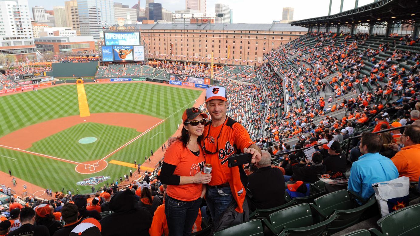 Baseball fans in Baltimore take a selfie on Opening Day, Monday, April 4.