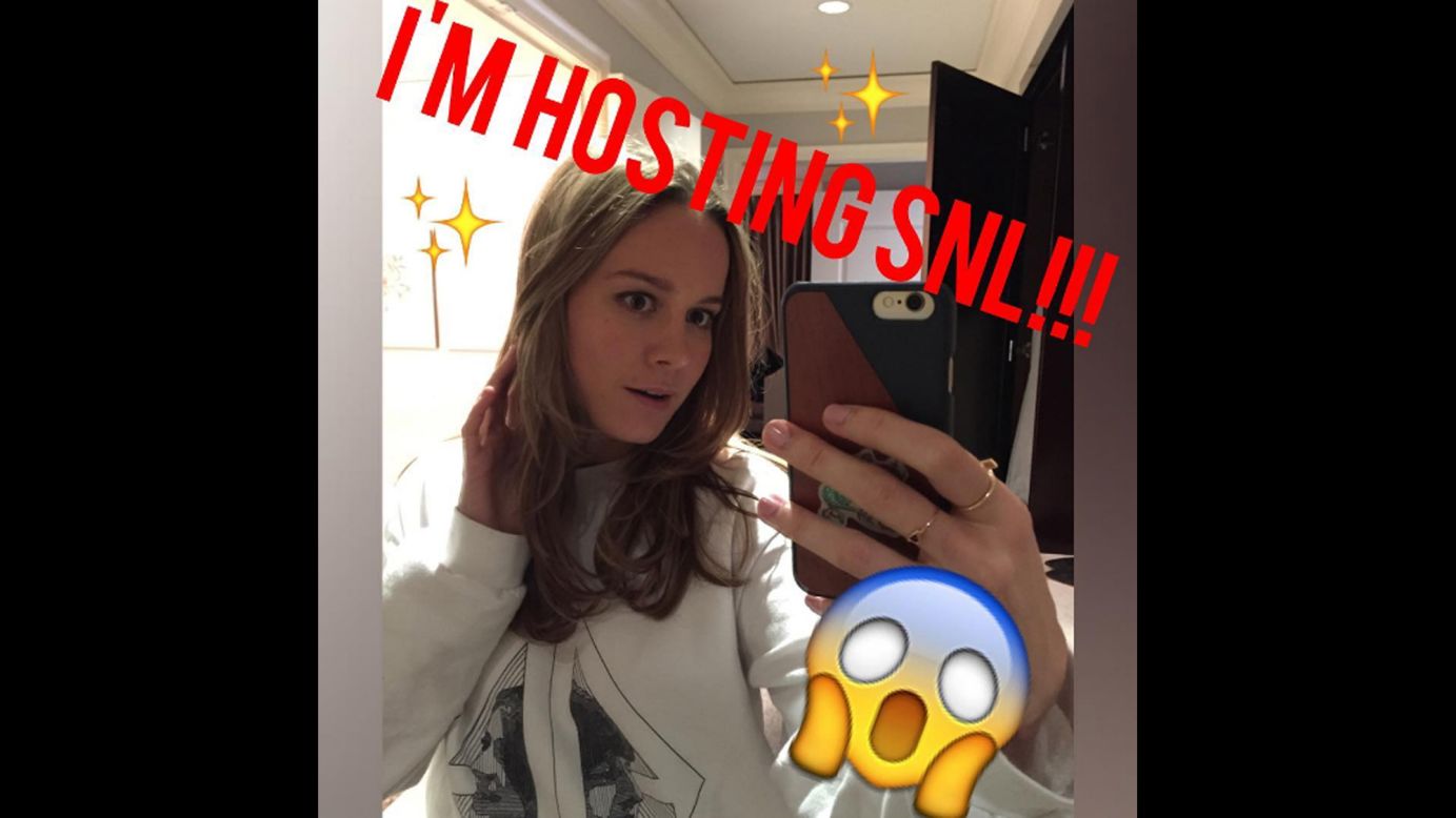 Actress Brie Larson announces that she will be hosting an upcoming episode of "Saturday Night Live." "DON'T PANIC BECAUSE I'M NOT PANICKING GAAAAHHHHHH!!!" <a href="https://www.instagram.com/p/BESd7zTkZge/" target="_blank" target="_blank">she said on Instagram</a> on Sunday, April 17. "So super excited! Hope you're ready @nbcsnl. We will dance on May 7th!"