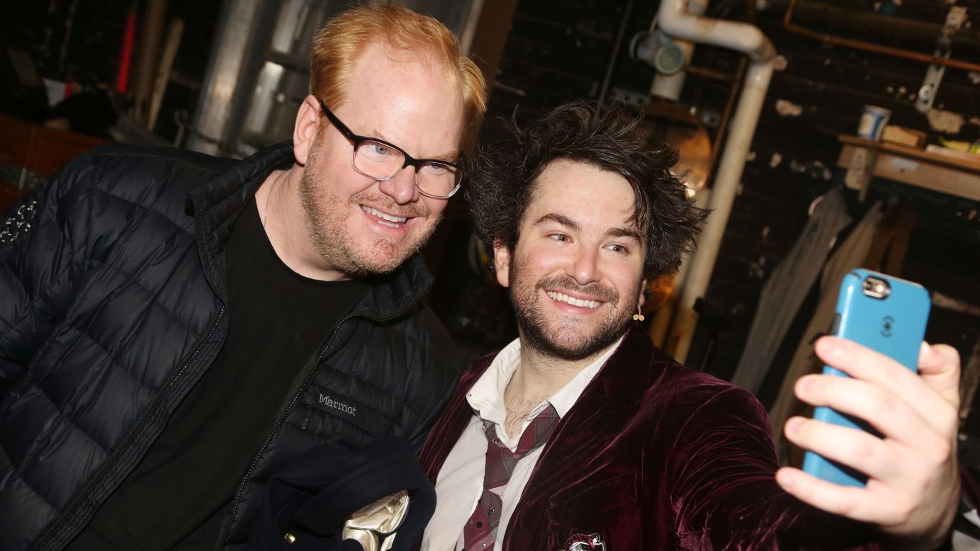 Actor Alex Brightman snaps a selfie with comedian Jim Gaffigan backstage at the Broadway musical "School of Rock" on Sunday, April 3.
