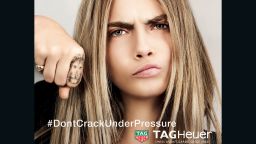 The British model Cara Delevingne in a current advert for Tag Heuer with a logo penned by World Rugby boss Brett Gosper