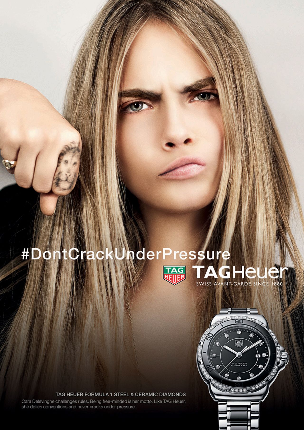 British model Cara Delevingne in a current advert for Tag Heuer -- the slogan was penned in 1990 by rugby-player-turned-ad-man Brett Gosper.