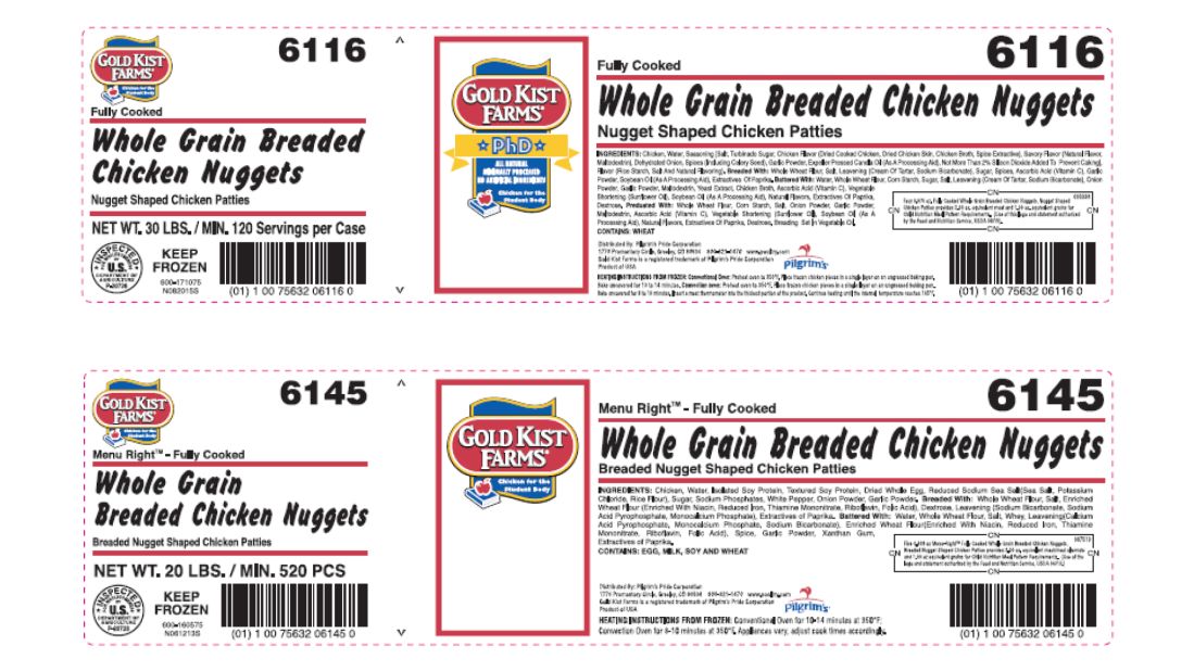 Pilgrim's Pride is recalling more than 4.5 million pounds of fully cooked chicken products in boxes of whole-grain breaded nuggets, patties, breakfast patties, tenderloins and popcorn-style varieties. They were sold under the Gold Kist Farms, Pierce and Sweet Georgia brands. The U.S. Department of Agriculture warns that it may be contaminated with "extraneous materials." <br />