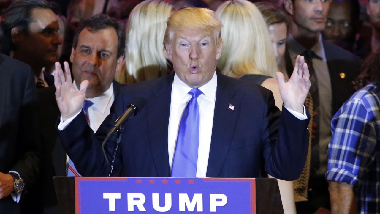 Republican frontrunner Donald Trump speaks at Trump Tower in New York on April 26 after winning primaries in Pennsylvania, Maryland, Connecticut, Rhode Island and Delaware.