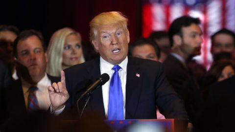 NEW YORK, NY - APRIL 26: Republican presidential candidate Donald Trump speaks to supporters and the media at Trump Towers following the conclusion of primaries Tuesday in northeastern states on April 26, 2016 in New York, New York. Trump again gained more delegates to move him closer to the Republican presidential nomination. (Photo by Spencer Platt/Getty Images)