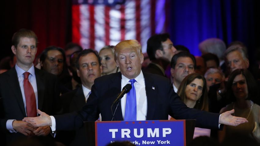 US Republican presidential frontrunner Donald Trump speaks at Trump Tower in New York on April 26,2016 after winning primaries in Pennsylvania, Maryland, Connecticut, Rhode Island and Delaware.