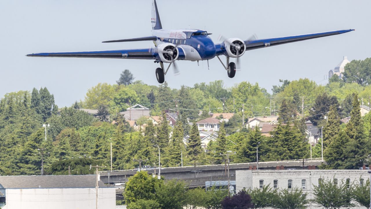 The Museum of Flight's rare Boeing 247D during its final airborne moments on Tuesday. 