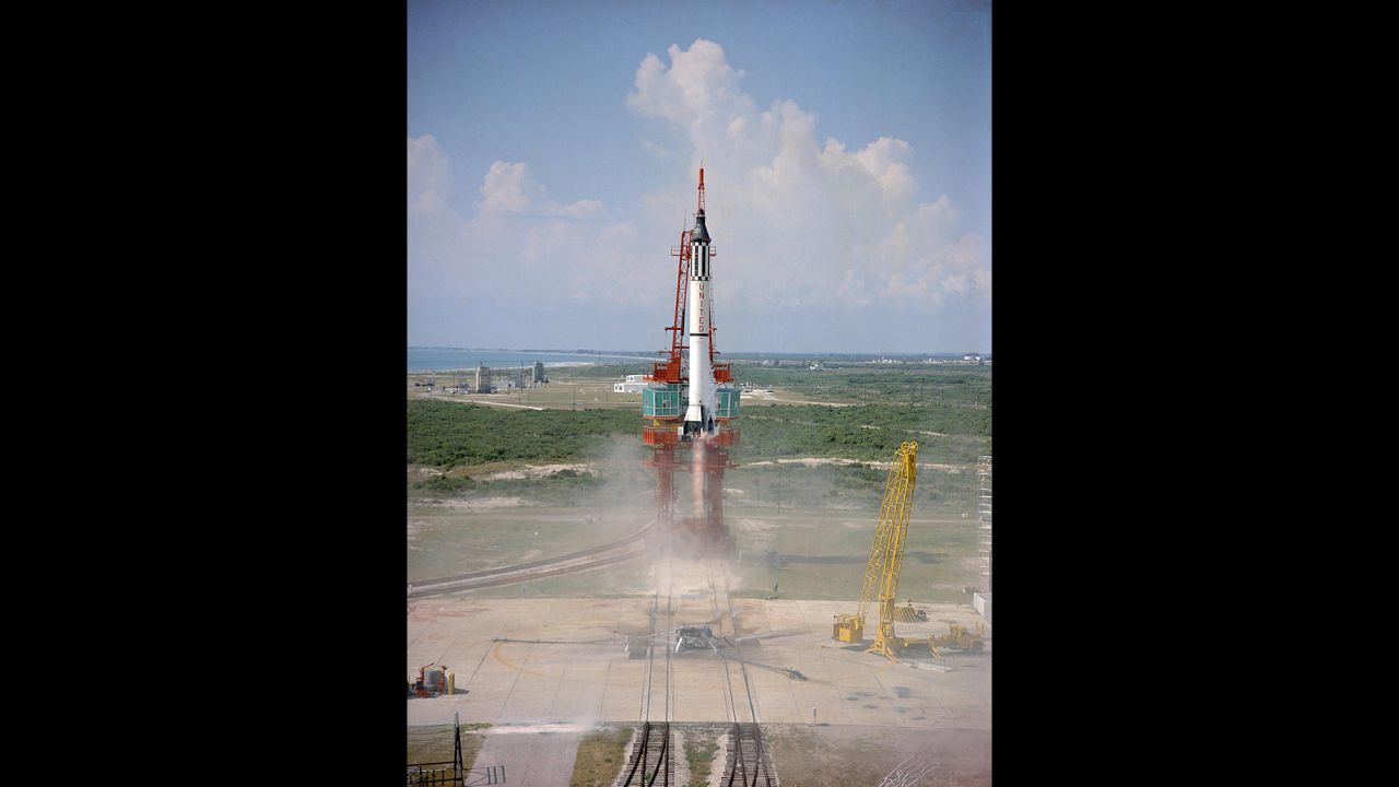 The Redstone rocket carrying Freedom 7 lifts off from Cape Canaveral, Florida, at 9:34 a.m.