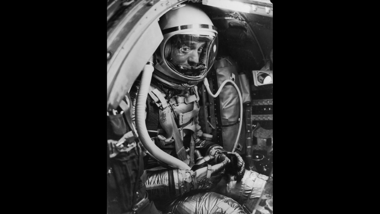 Shepard waits inside his capsule before launch. Complications delayed launch by four hours, and Shepard had to stay strapped in the entire time. There was no easy way for astronauts to urinate at that time, so when nature called, Shepard had no choice but to go in his spacesuit.